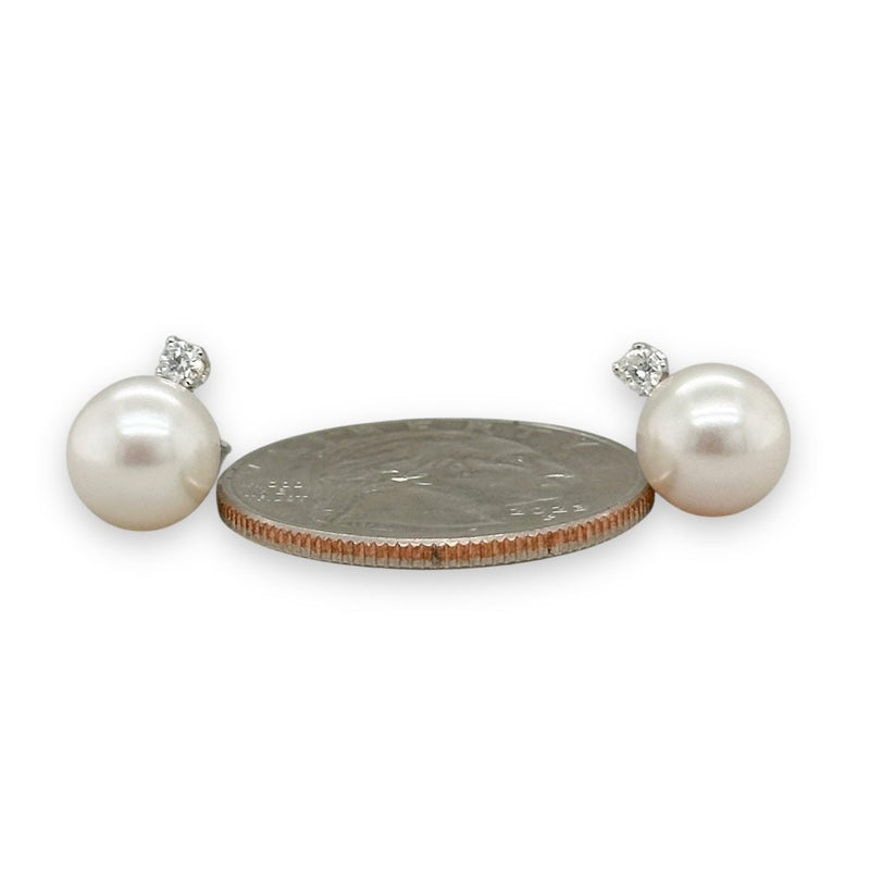 14K W Gold 8 - 8.50mm Cultured Akoya Pearl 0.10ctw Diamond Stud Earrings - Walter Bauman Jewelers