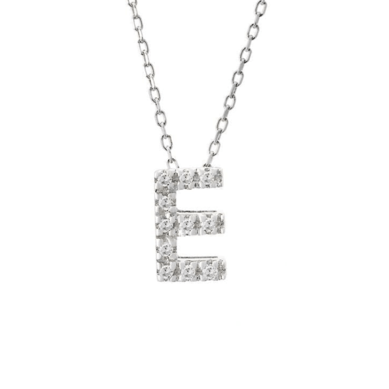 14K W Gold small 0.02ctw H/I1-SI2 diamond initial 'E' pendant - Walter Bauman Jewelers