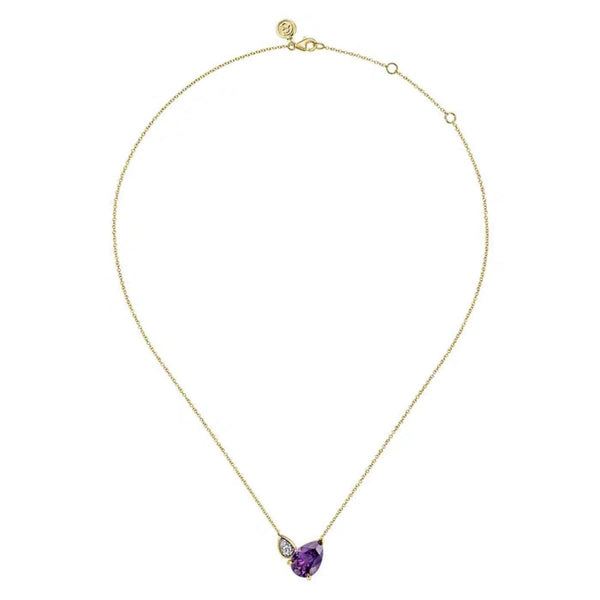 14K Y Gold 0.15ctw Diamond and 4.62ct Pear Shape Amethyst Pendant - Walter Bauman Jewelers