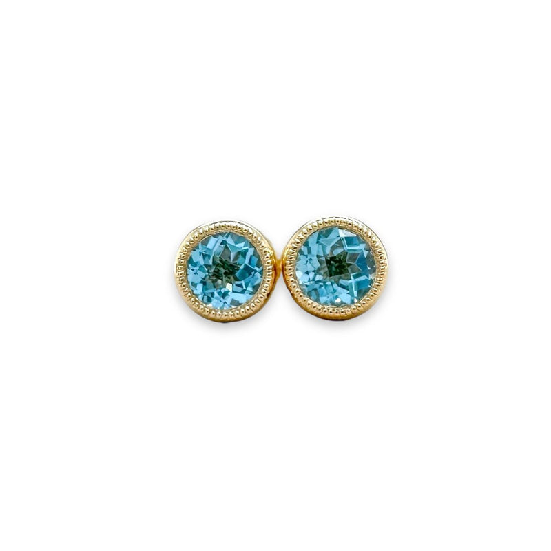 14K Y Gold 0.59ctw 5mm Bezel Set Round Blue Topaz Earrings - Walter Bauman Jewelers