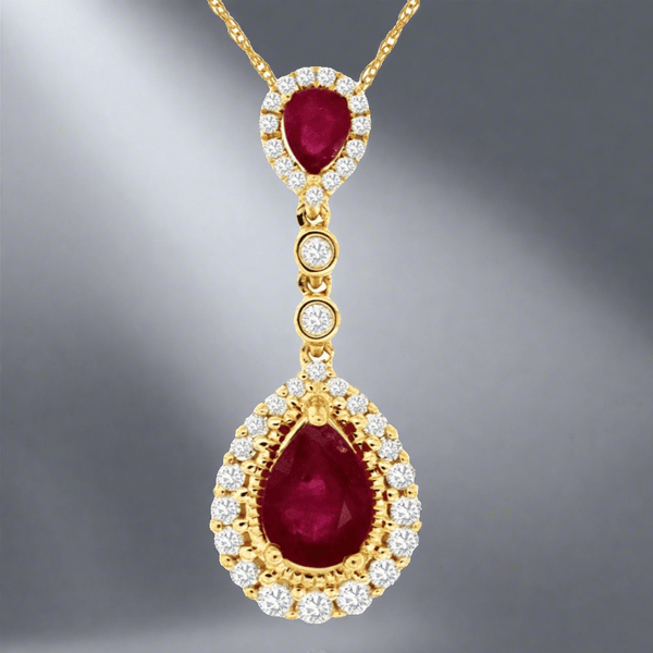 14K Y Gold 0.90ct Ruby 0.31cttw H/SI2 Diamond Drop Pendant - Walter Bauman Jewelers