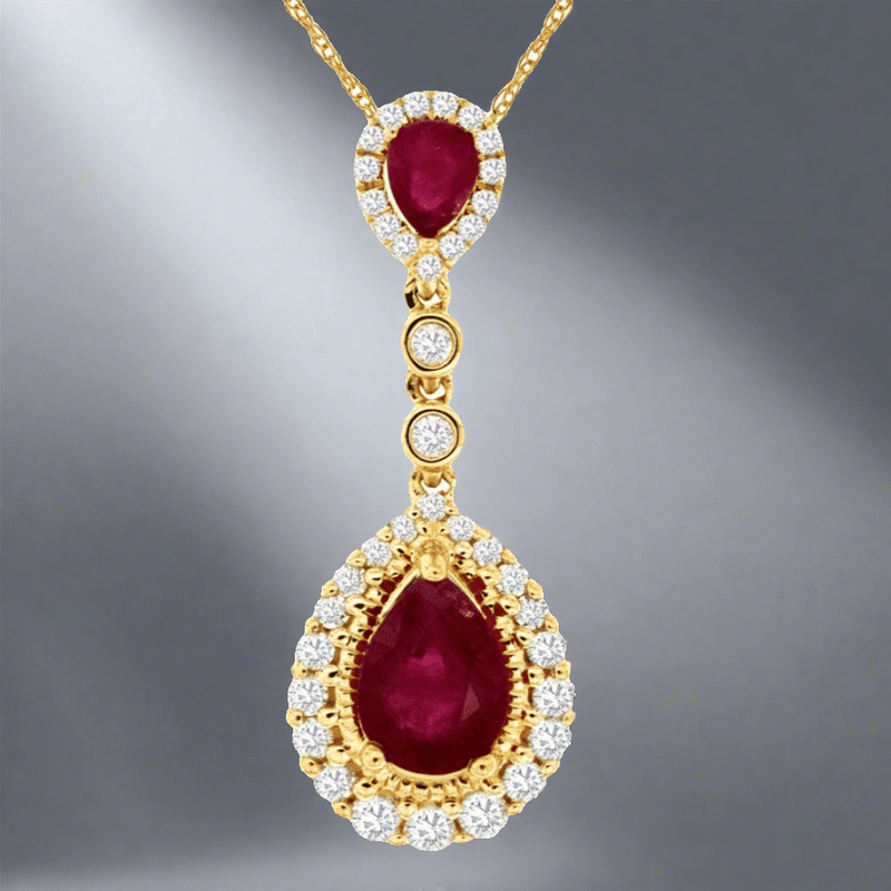 14K Y Gold 0.90ct Ruby 0.31cttw H/SI2 Diamond Drop Pendant - Walter Bauman Jewelers