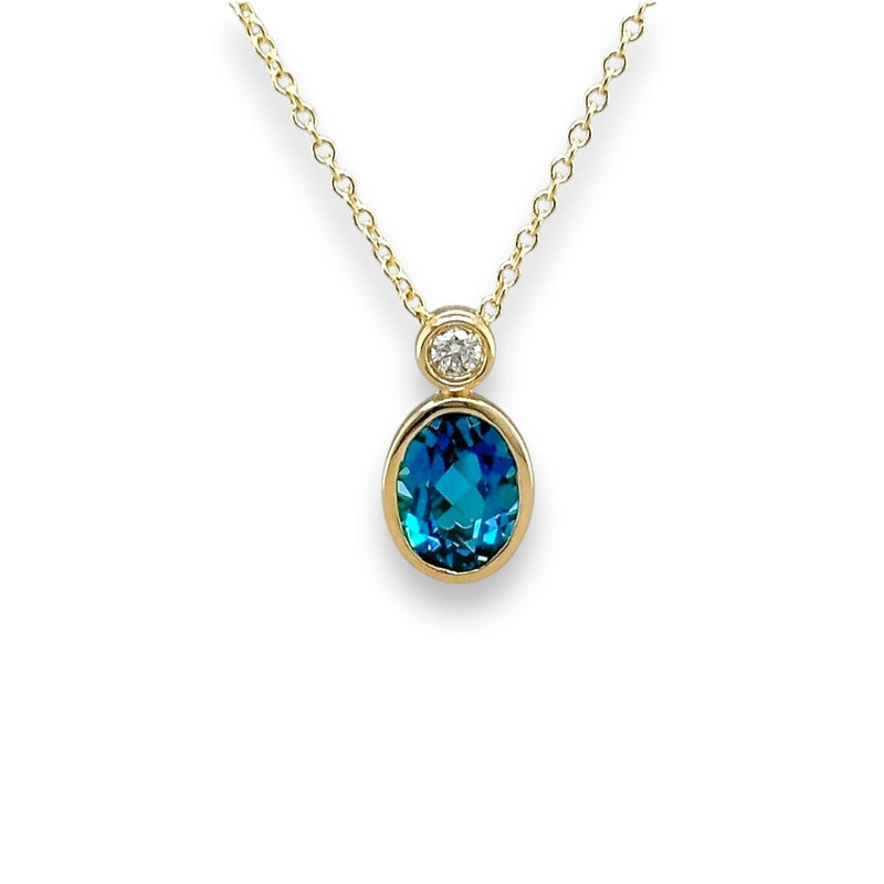 14K Y Gold 1.55ct London Blue Topaz and 0.05ct G/SI1 Diamond Pendant - Walter Bauman Jewelers