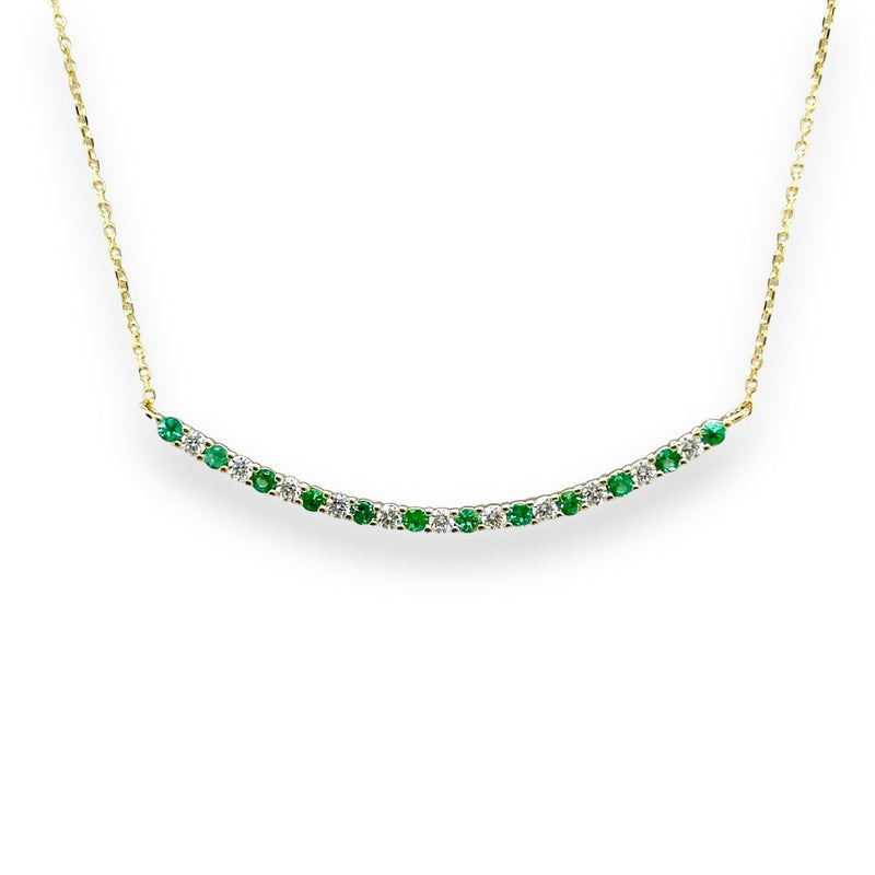 14K Y Gold 16" 0.28ctw Diamond and 0.35ctw Emeralds Curved Bar Necklace - Walter Bauman Jewelers