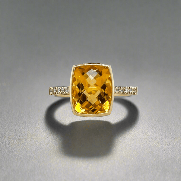 14K Y Gold 2.90ct Emerald Cut Citrine and 0.08ctw G - H/SI1 Diamond Ring - Walter Bauman Jewelers