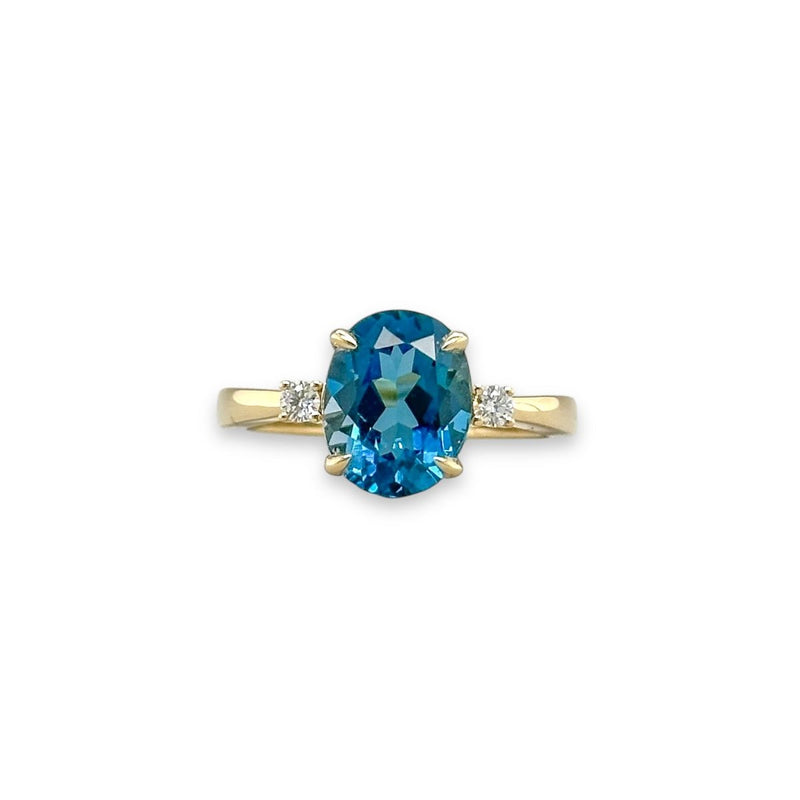 14K Y Gold 3.29ct London Blue Topaz and 0.08ctw G/VS2 Diamond Ring - Walter Bauman Jewelers