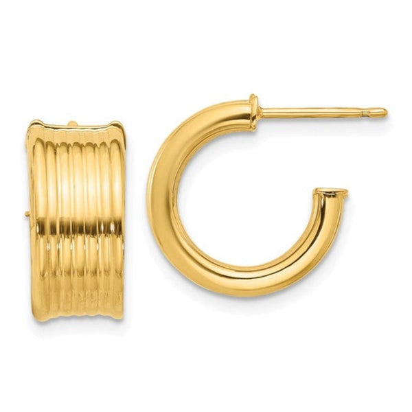 14K Y Gold 7.5mm Wide Grooved J - Hoop Post Earrings - Walter Bauman Jewelers