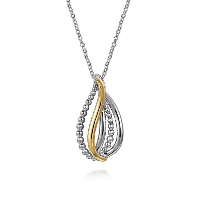 14K Y Gold and SS Multi Row Beaded Teardrop Pendant - Walter Bauman Jewelers