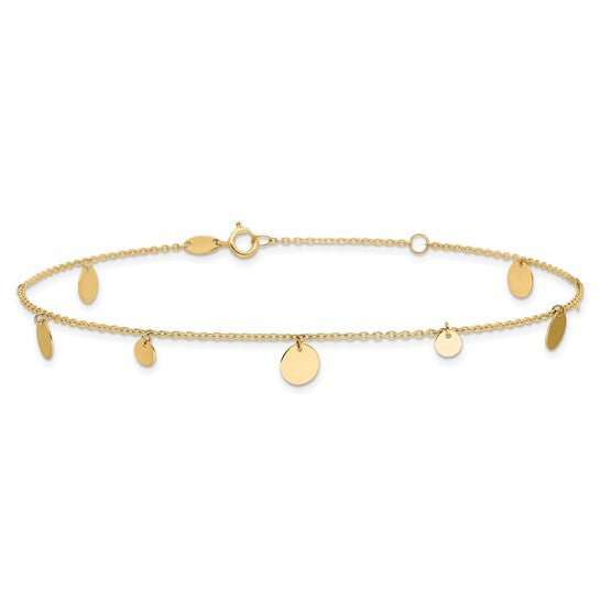 14K Y Gold Ankle Bracelet with Dangling Discs - Walter Bauman Jewelers