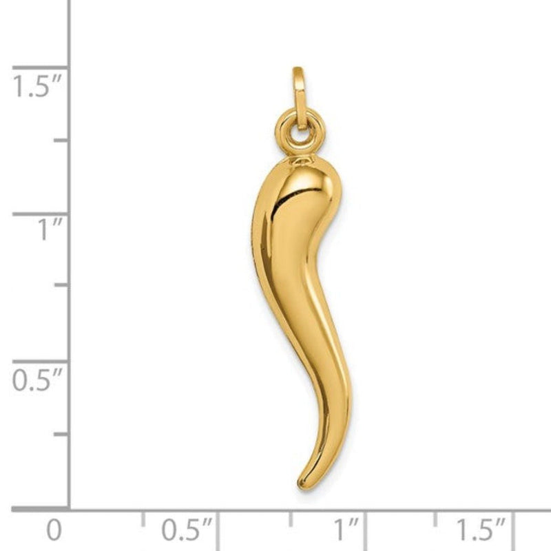 14K Y Gold Hollow 3D Italian Horn Pendant 35mm - Walter Bauman Jewelers