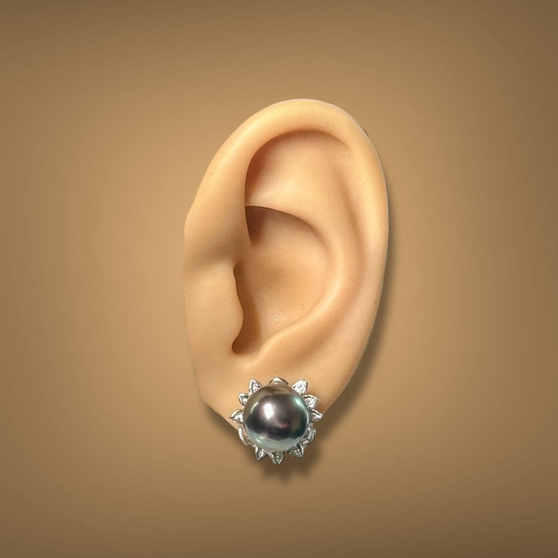 Estate 14K W Gold Tahitian Pearl & Diamond Button Earrings