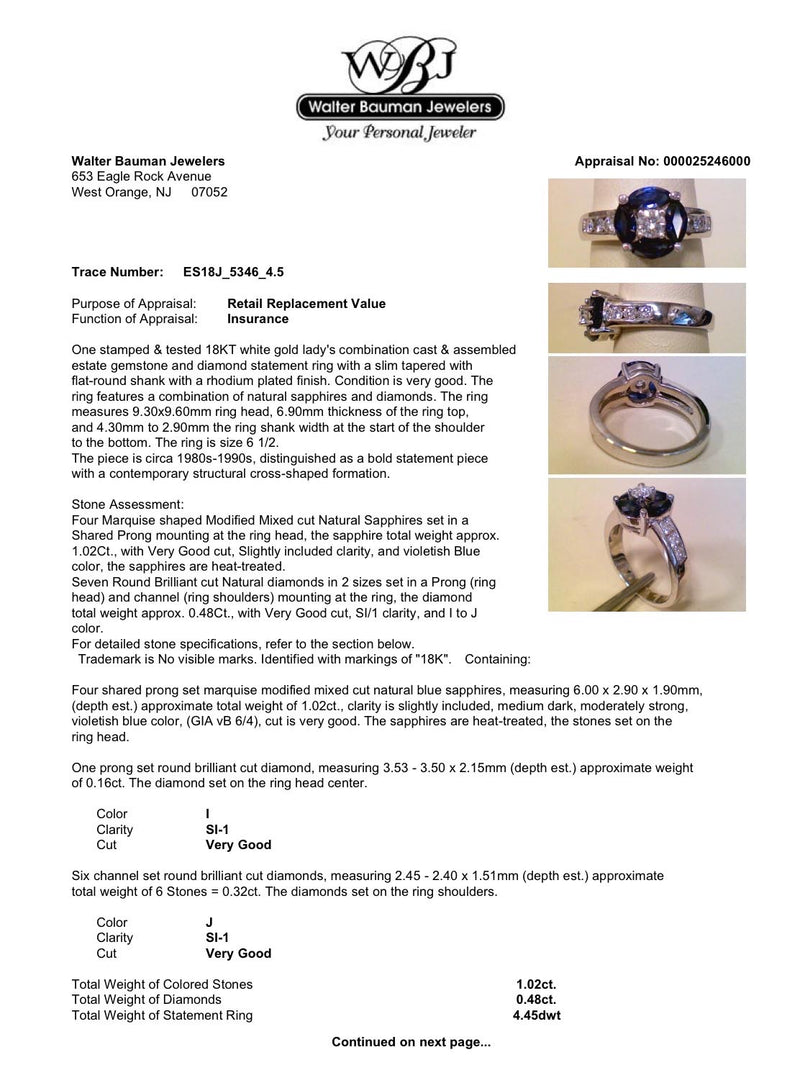 Estate 18K W Gold 1.02ctw Sapphire & 0.48ctw Diamond Ring