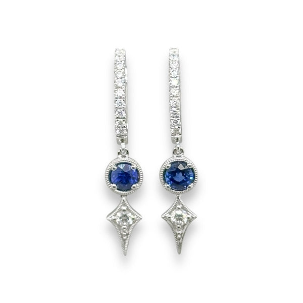 18K W Gold 0.67ctw Sapphires 0.32ctw G/VS2 Hoop Earrings with Dangle - Walter Bauman Jewelers