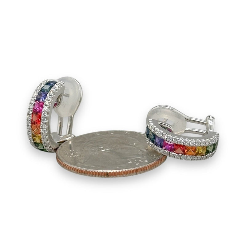 18K W Gold 1.58ctw Multicolor Sapphires and 0.34ctw G/SI1 Diamond Hoop Earrings - Walter Bauman Jewelers