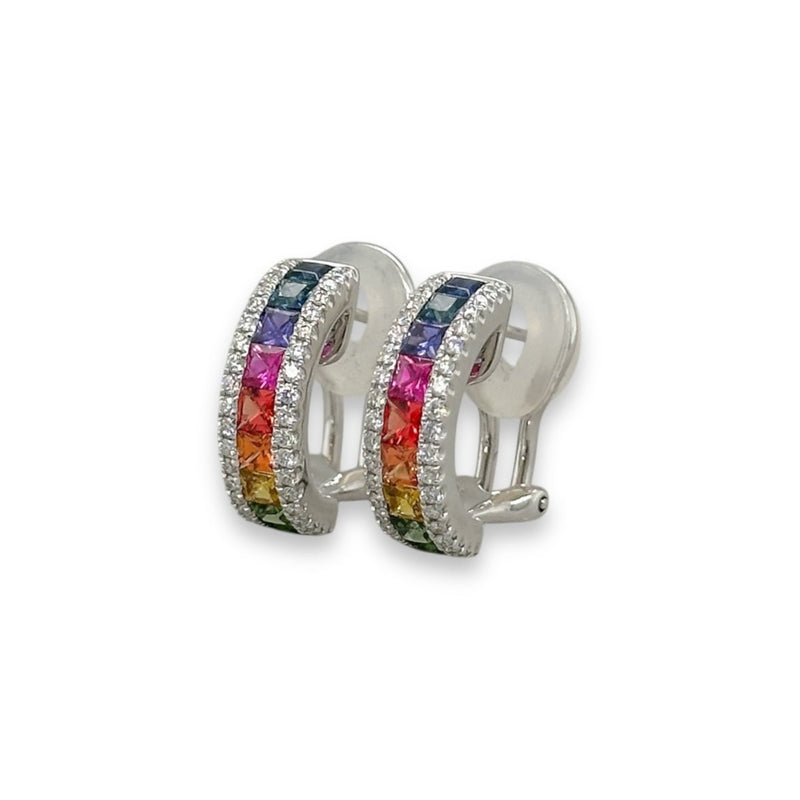 18K W Gold 1.58ctw Multicolor Sapphires and 0.34ctw G/SI1 Diamond Hoop Earrings - Walter Bauman Jewelers