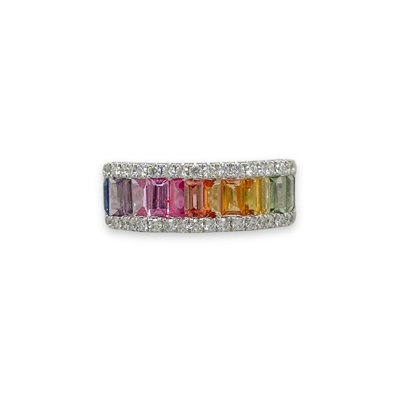 18K W Gold 2.26ctw Baguette Multicolor Sapphire 0.44ctw H/SI1 Diamond Ring - Walter Bauman Jewelers