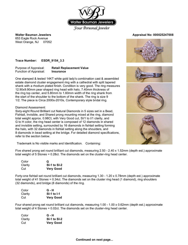 Estate 14K W Gold 0.98ctw Diamond Pear Cluster Ring