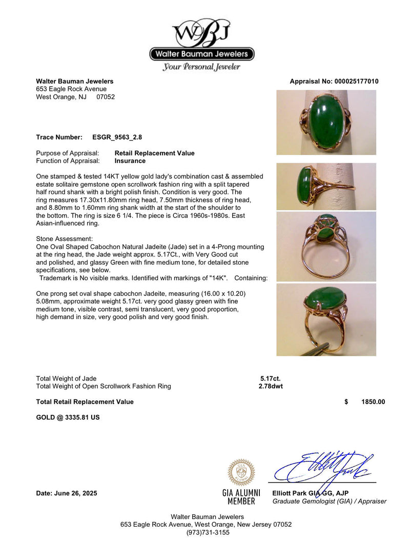 Estate 14K Y Gold 5.17ct Jadeite Cocktail Ring