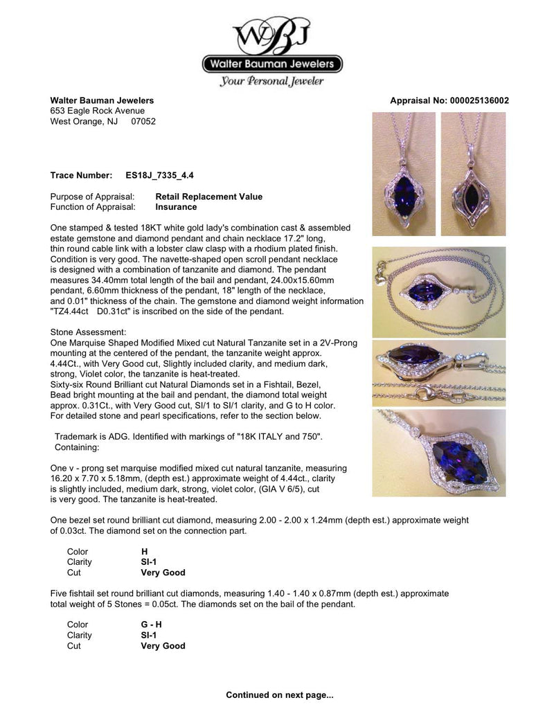 Estate 18K W Gold 4.44ct Tanzanite & 0.31ctw Diamond Pendant