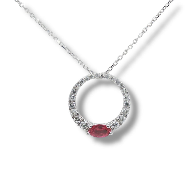 14K W Gold 0.28ctw G/SI1 Diamonds and 0.35ctw Ruby Circle Pendant