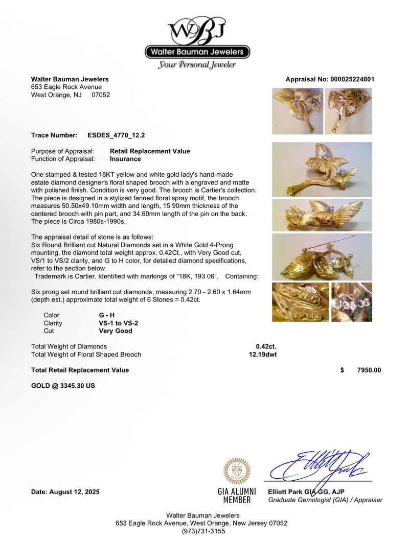 Estate Cartier 18K Y Gold 0.42ctw Diamond Flower Brooch