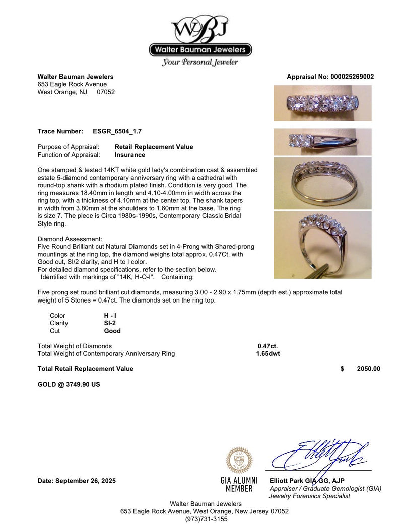 Estate 14K W Gold 0.47ctw 5 Diamond Ring