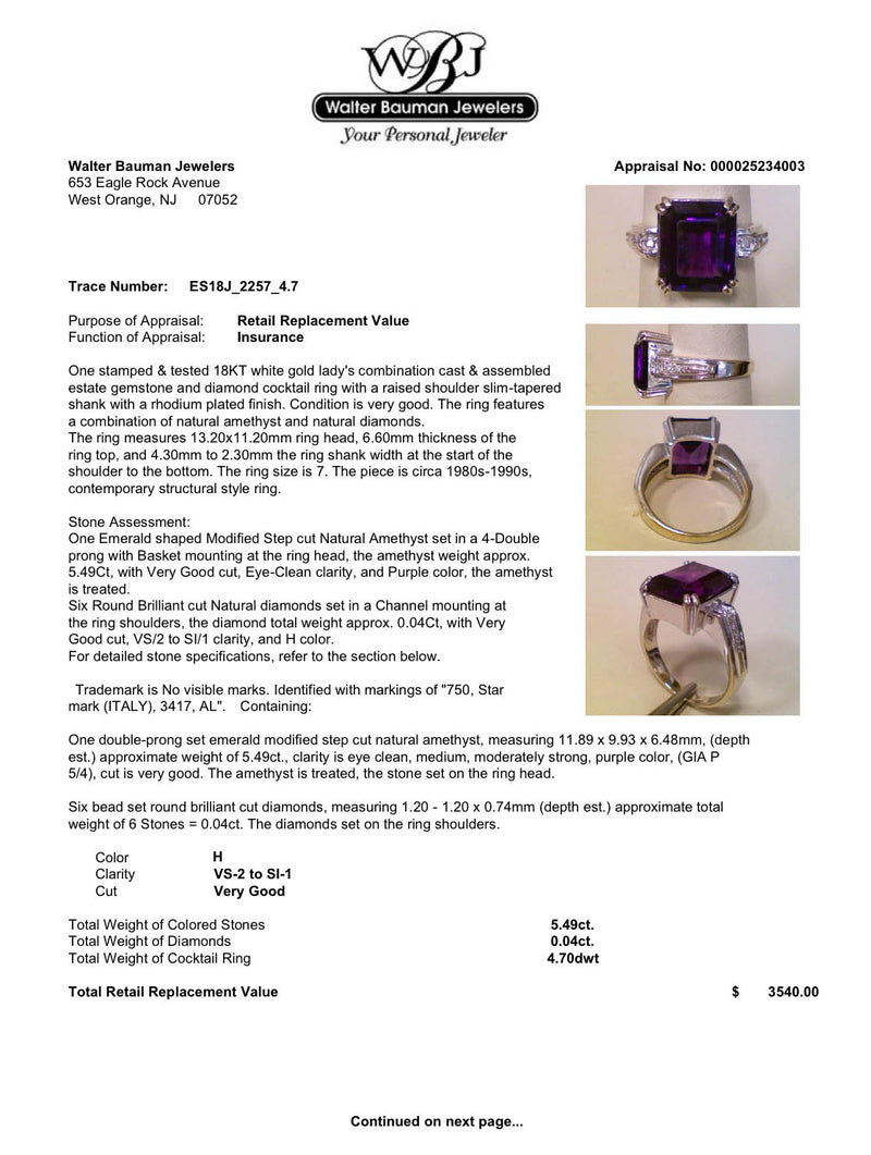 Estate 18K W Gold 5.49ct Amethyst & 0.04ctw Diamond Cocktail Ring