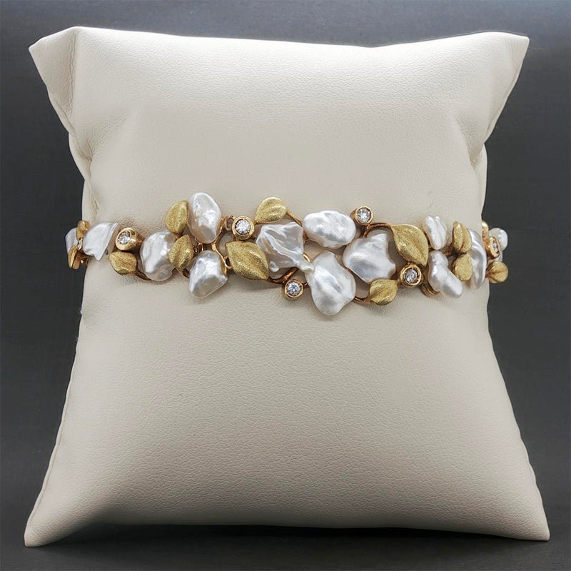 Estate 18K Y Gold Freshwater Pearl & 0.36ctw Diamond Bracelet