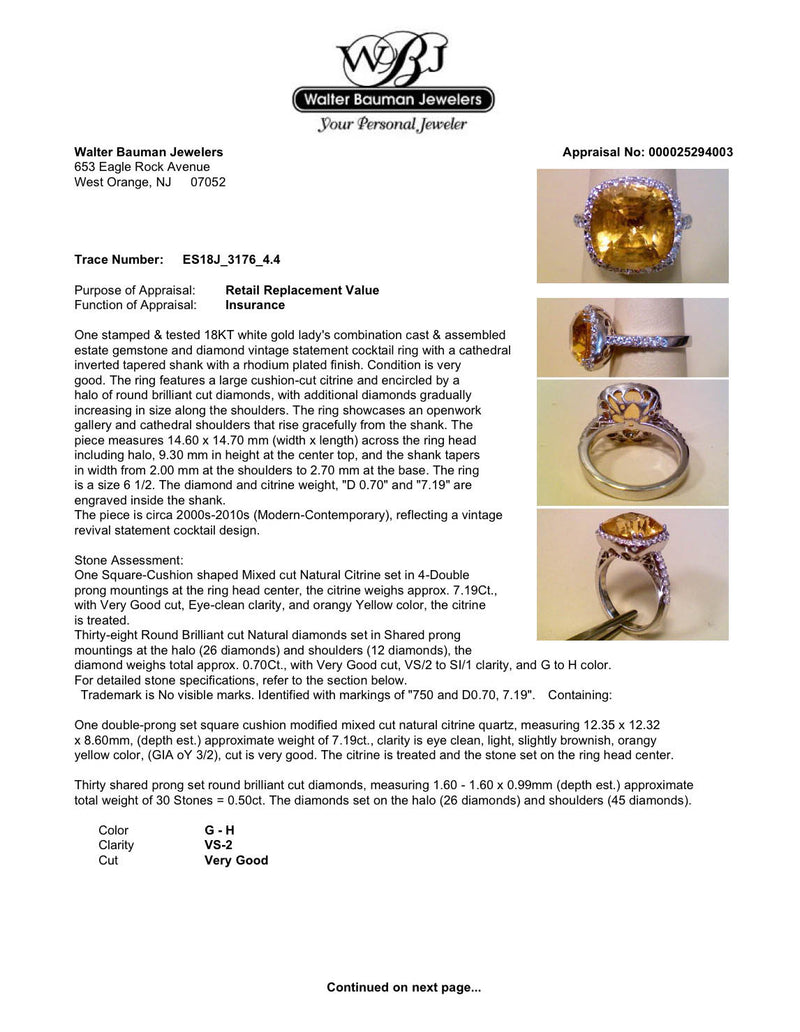 Estate 18K W Gold 7.19ct Citrine & 0.70ctw Diamond Ring