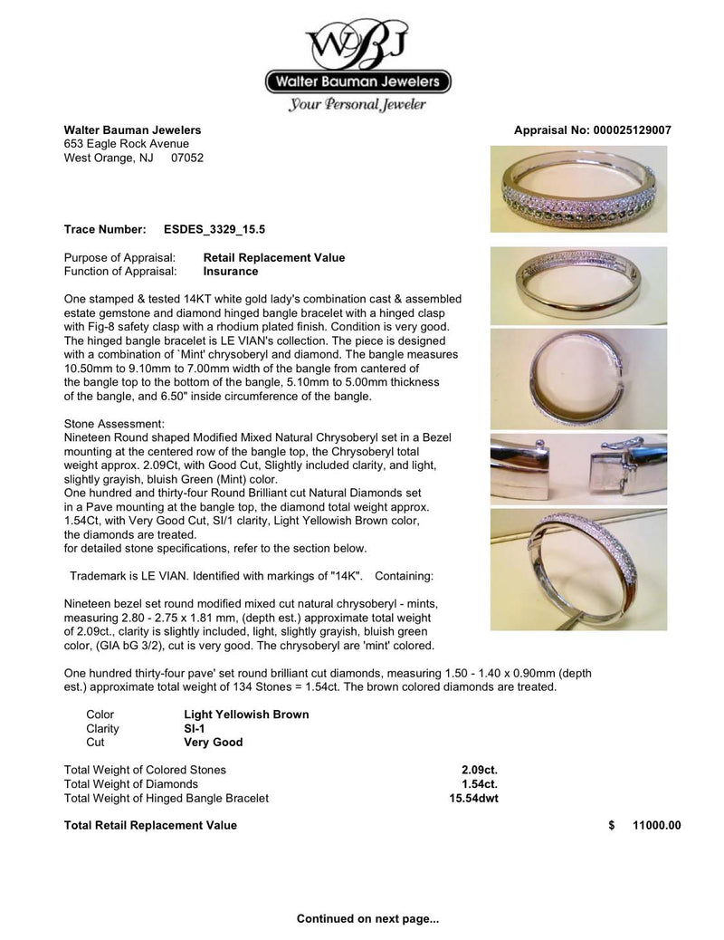 Estate Levian 14K W Gold 2.09ctw Chrysoberyl & 1.54ctw Diamond Bracelet