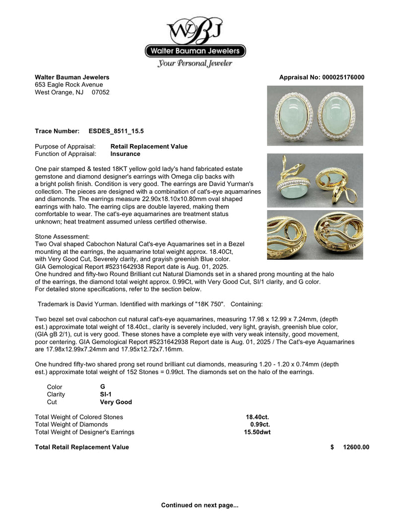 Estate David Yurman 18K Y Gold 19.39ctw Cat's Eye Aquamarine & Diamond Earrings GIA
