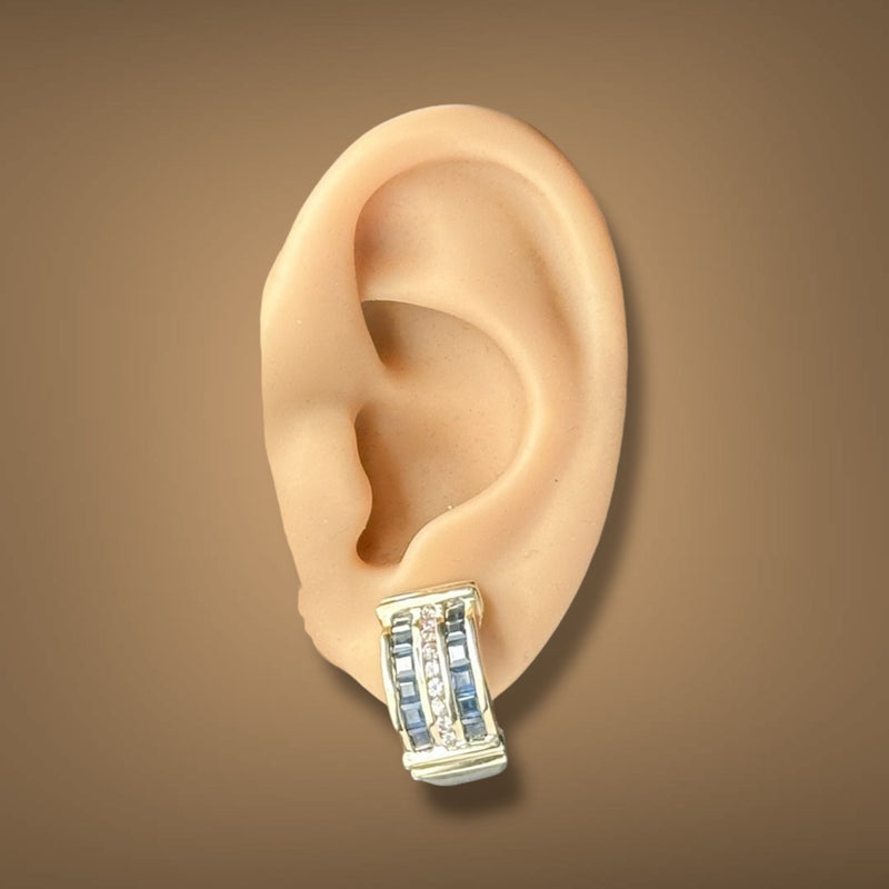 Estate 14K Y Gold 1.92ctw Sapphire & 0.34ctw Diamond J Hoop Earrings