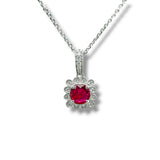 14K W Gold 0.12ctw H/SI1 Diamond and 0.78ctw Halo Ruby Pendant