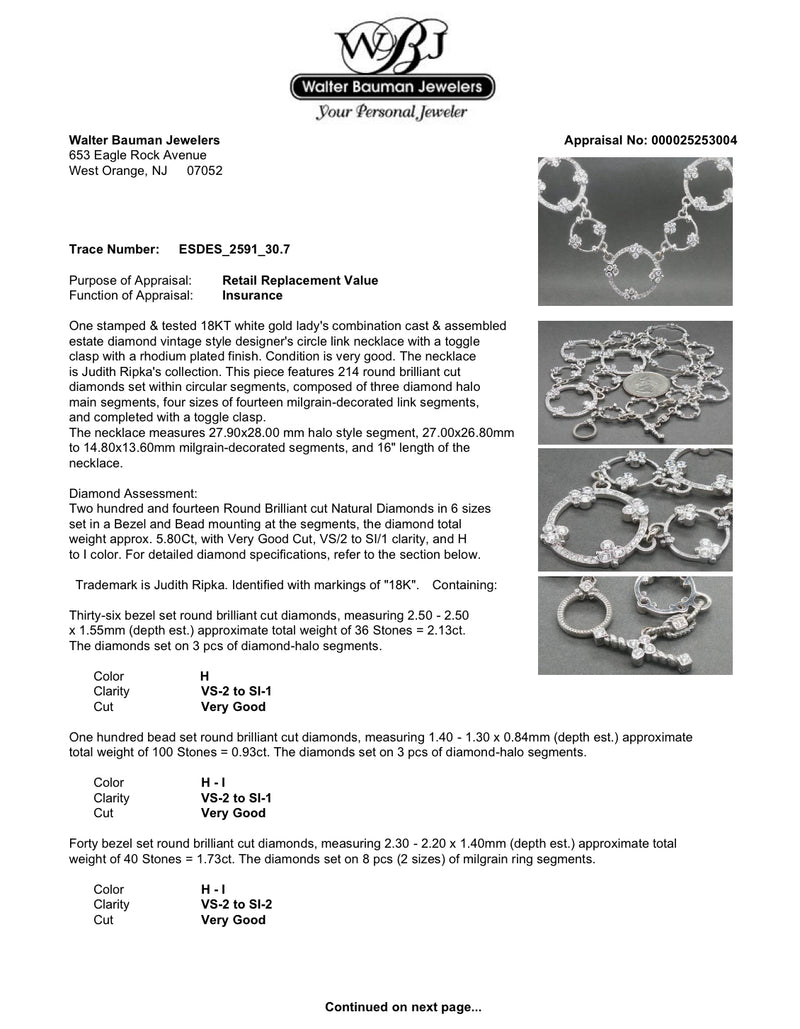 Estate Judith Ripka 18K W Gold 5.80ctw Diamond Garland Circle Necklace