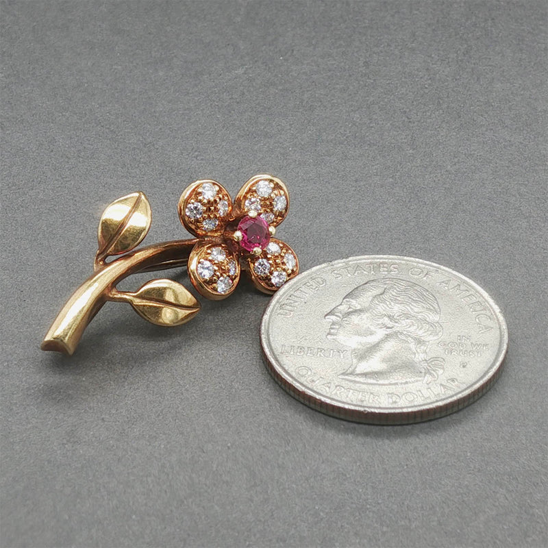 Estate 18K Y Gold 0.26ct Ruby & 0.30ctw Diamond Flower Brooch