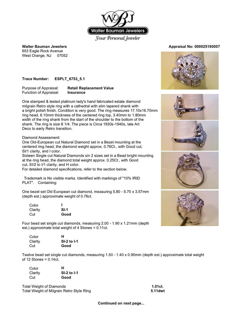 Estate Platinum Retro 1.01ctw Diamond Cocktail Ring