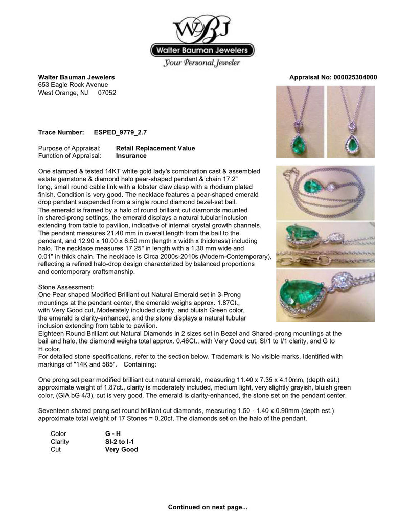 Estate 14K W Gold 1.87ct Emerald & 0.46ctw Diamond Pendant