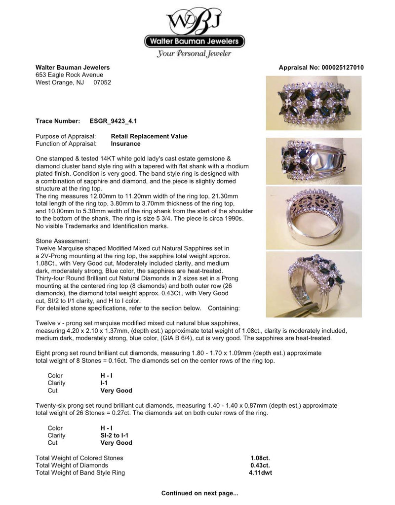 Estate 14K W Gold 1.08ctw Sapphire & 0.43ctw Diamond Ring