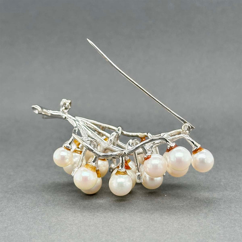 Estate 14K W Gold Akoya & 0.07ctw Diamond Grapevine Pin