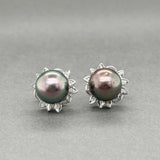 Estate 14K W Gold Tahitian Pearl & Diamond Button Earrings