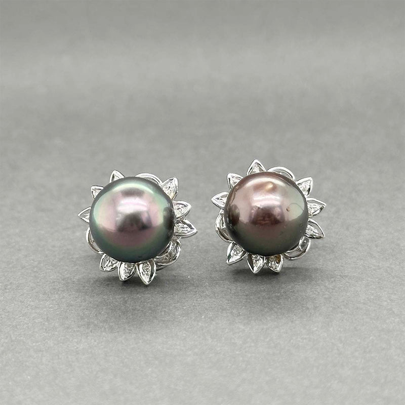 Estate 14K W Gold Tahitian Pearl & Diamond Button Earrings