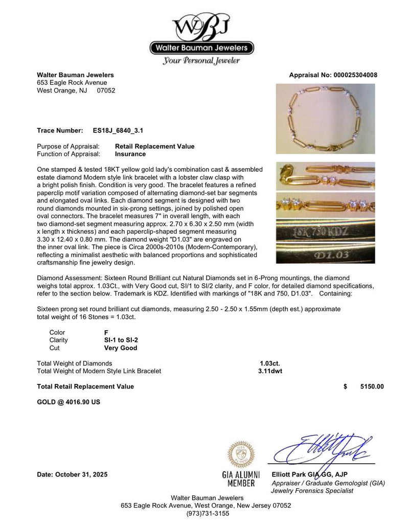 Estate 18K Y Gold 1.03ctw G/SI1-2 Diamond Paperclip Bracelet