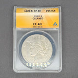 Estate 0.900 Silver 1928 Peace Dollar ANACS EF 40 Details Cleaned