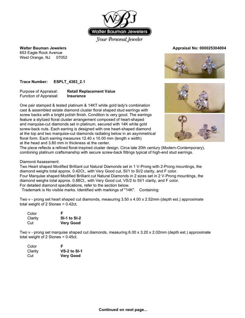 Estate Platinum 1.30ctw F/VS2-SI1 Diamond Stud Earrings