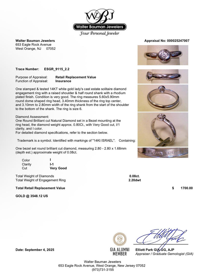 Estate 14K W Gold 0.08ct I/I1 Diamond Ring