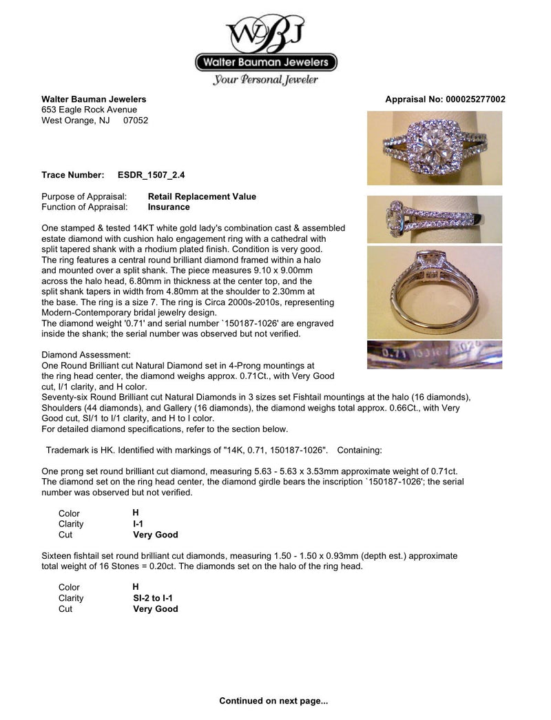 Estate 14K W Gold 1.37ctw Diamond Eng. Ring