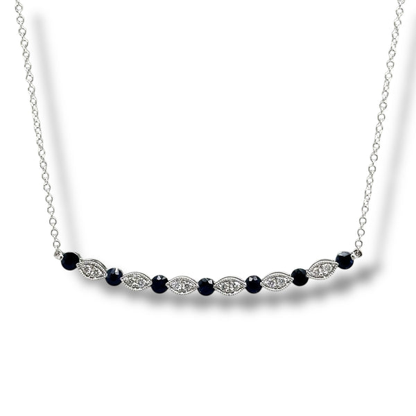 14K W Gold 18" 0.14ctw Diamond and 0.70ctw Sapphires Curved Bar Necklace
