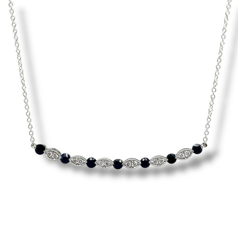 14K W Gold 18" 0.14ctw Diamond and 0.70ctw Sapphires Curved Bar Necklace