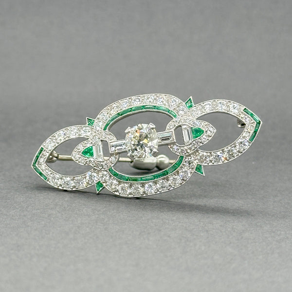 Estate Art Deco Platinum 2.16ctw Diamond & 0.38ctw Emerald Brooch