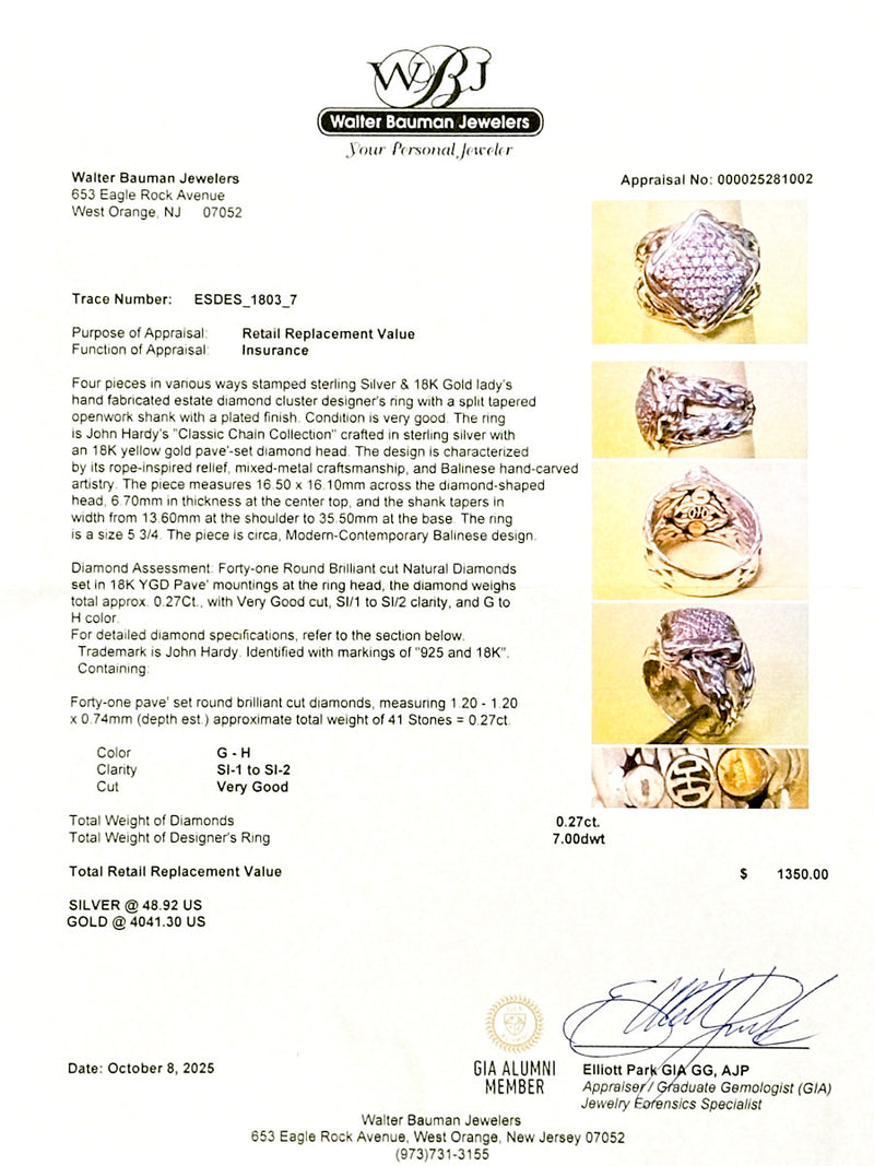 Estate John Hardy SS 18 Split Shank 0.27ctw Diamond Cable Ring